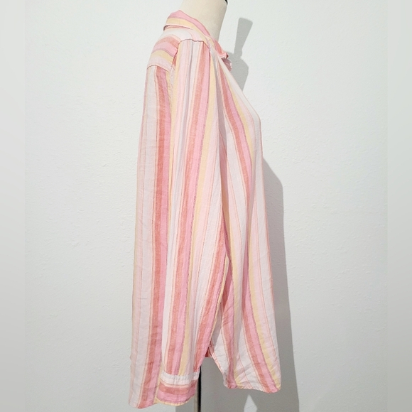 GAP Women’s Popover 100% Linen  Tunic Blouse Pink Multi Stripe Long Sleeve Large - Picture 3 of 11